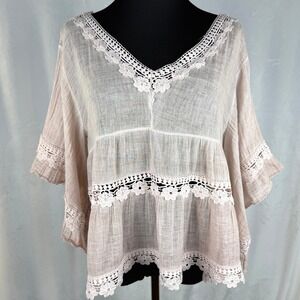 Boho Prairie Cottagecore Gauze Lace Peasant Top Fairycore Festival Blouse S